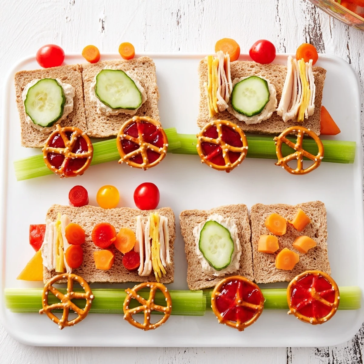 Colorful train track sandwich board featuring train car sandwiches on celery tracks, ready to eat!