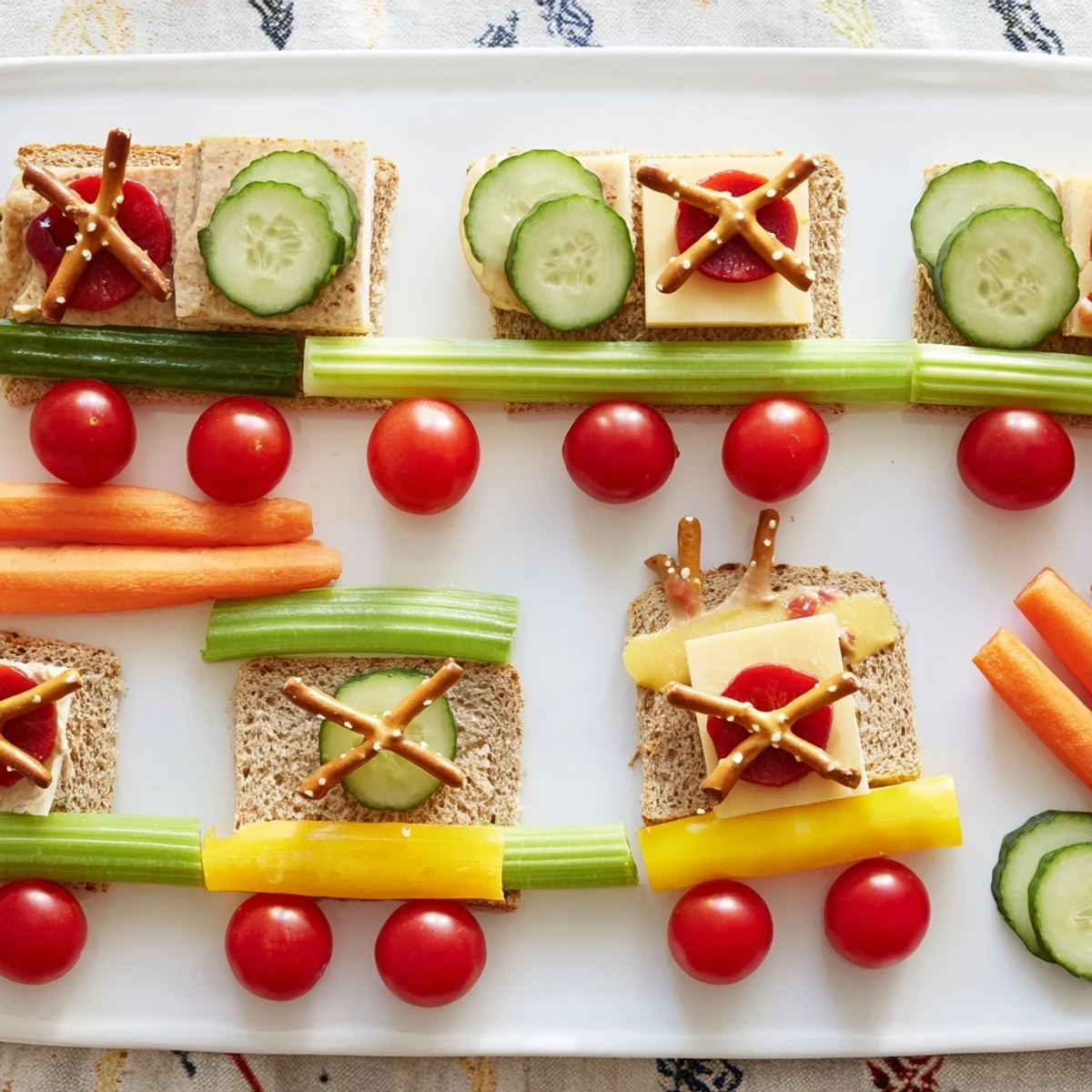 Kid-friendly train track sandwich board, complete with cucumber wheels and bell pepper details for lunch.