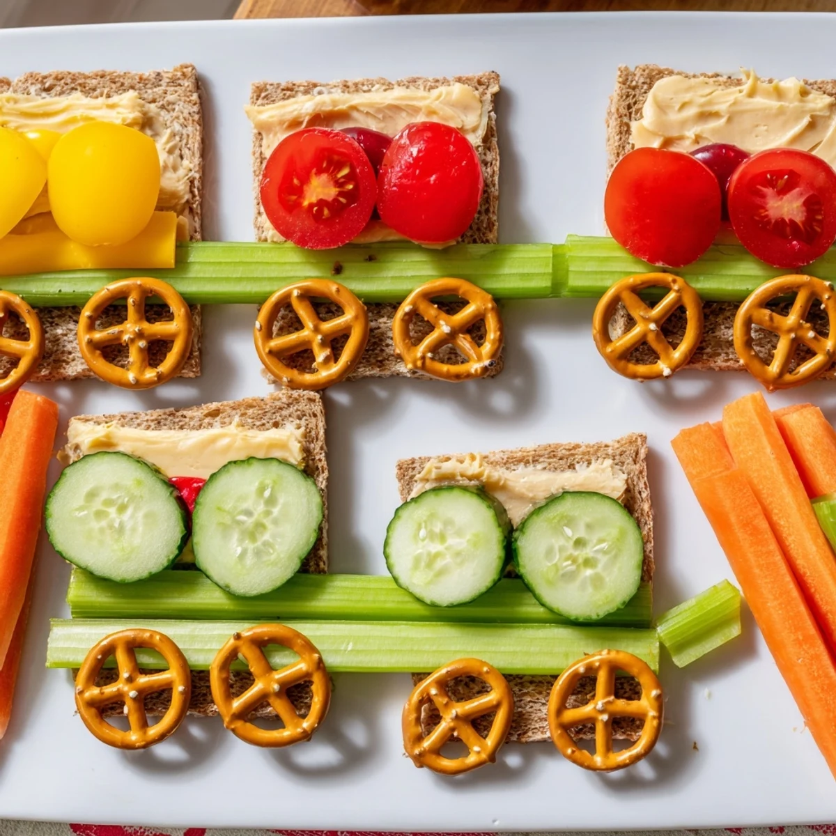 Homemade train track sandwich board filled with assorted sandwich cars and fresh veggie accompaniments.