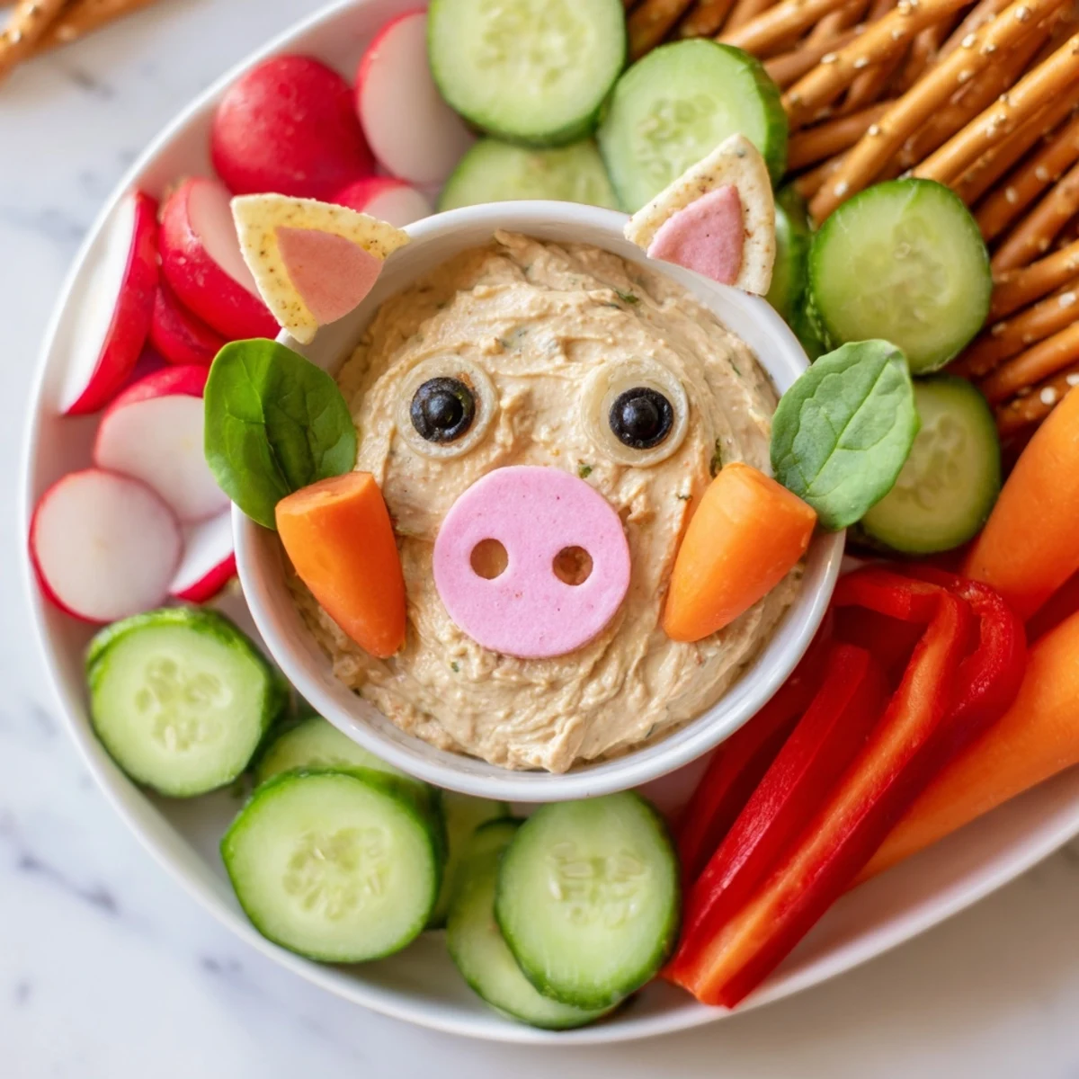 Piggy Face Dip Bowl surrounded with fresh dippers, a whimsical appetizer perfect for kids.