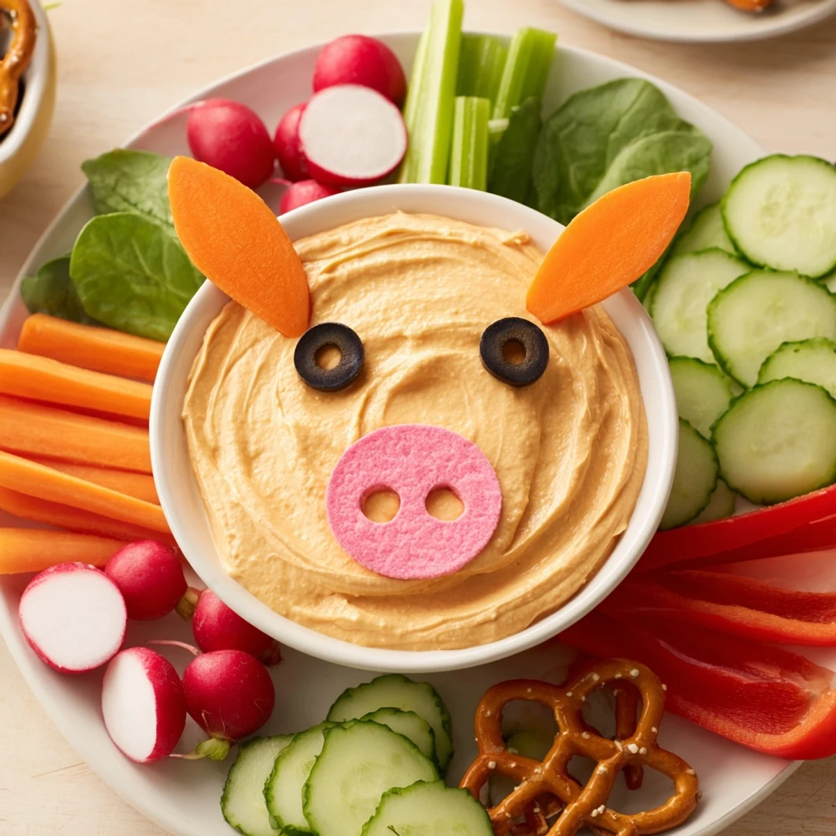 Creamy Piggy Face Dip Bowl with olives for eyes, ready to be scooped up with crunchy vegetables.