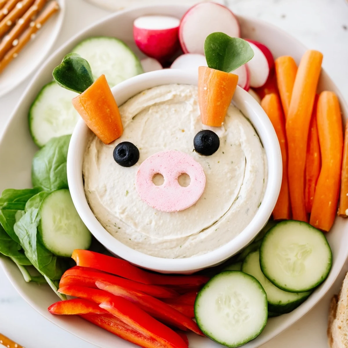 A close-up of a charming Piggy Face Dip Bowl with colorful veggie dippers ready to enjoy.