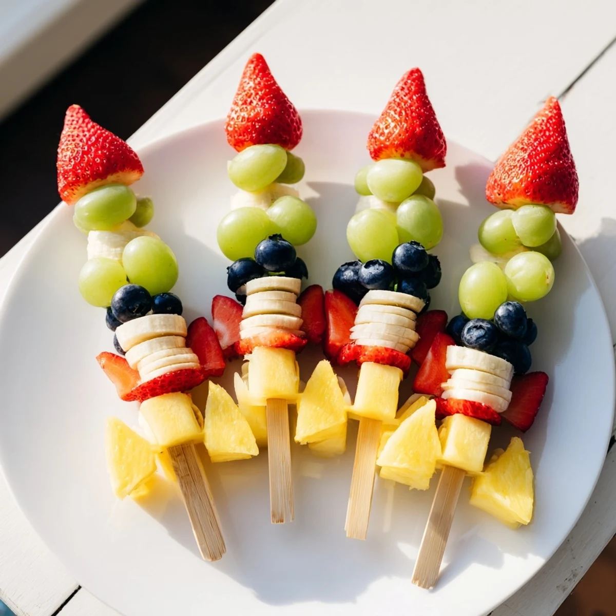 Cool, colorful Rocket Ship Fruit Skewers with juicy fruit, ready to serve and fun to eat!