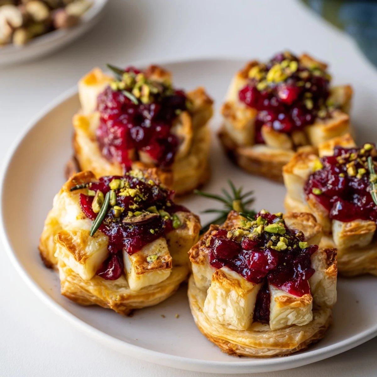 Golden, bubbly Cranberry Brie Bites Wreath, a delightful appetizer arranged on a platter ready to serve.