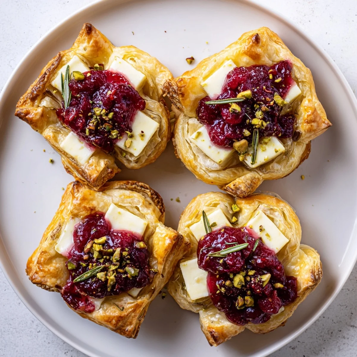 Close-up of a festive Cranberry Brie Bites Wreath featuring flaky pastry and melted brie cheese.
