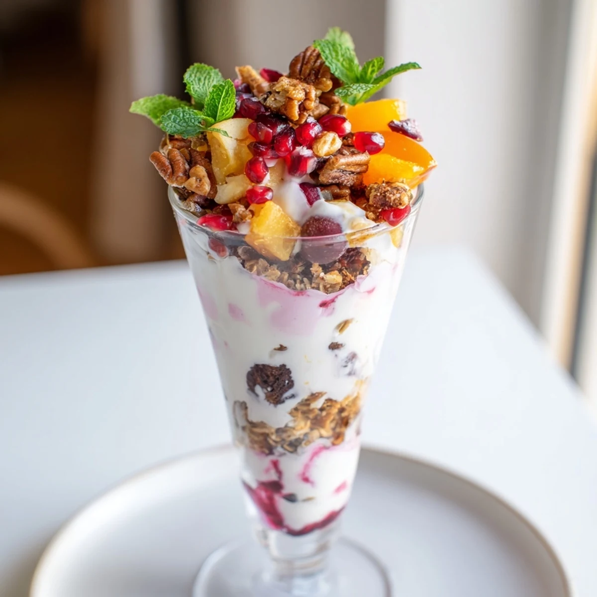 Christmas pudding yogurt parfait bar overflowing with layers: creamy yogurt and festive flavors.
