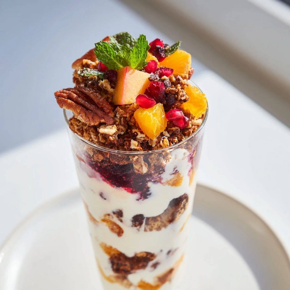 A gorgeous Christmas Pudding yogurt parfait bar featuring fresh berries and crunchy granola ready to eat.