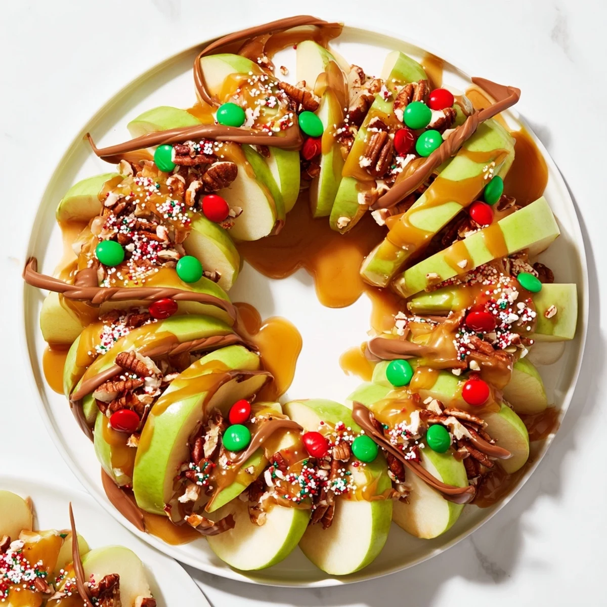 Christmas Caramel Apple Slice Wreath, beautifully arranged with caramel, chocolate and festive holiday toppings.