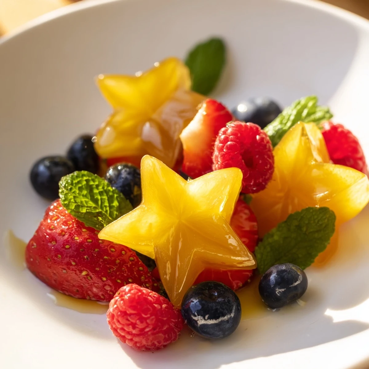 Refreshing starfruit and berry platter with juicy strawberries, perfect for a light, healthy dessert.