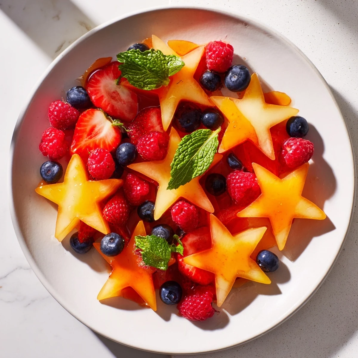 A colorful starfruit and berry platter: a refreshing mix of sweet berries and sliced starfruit.