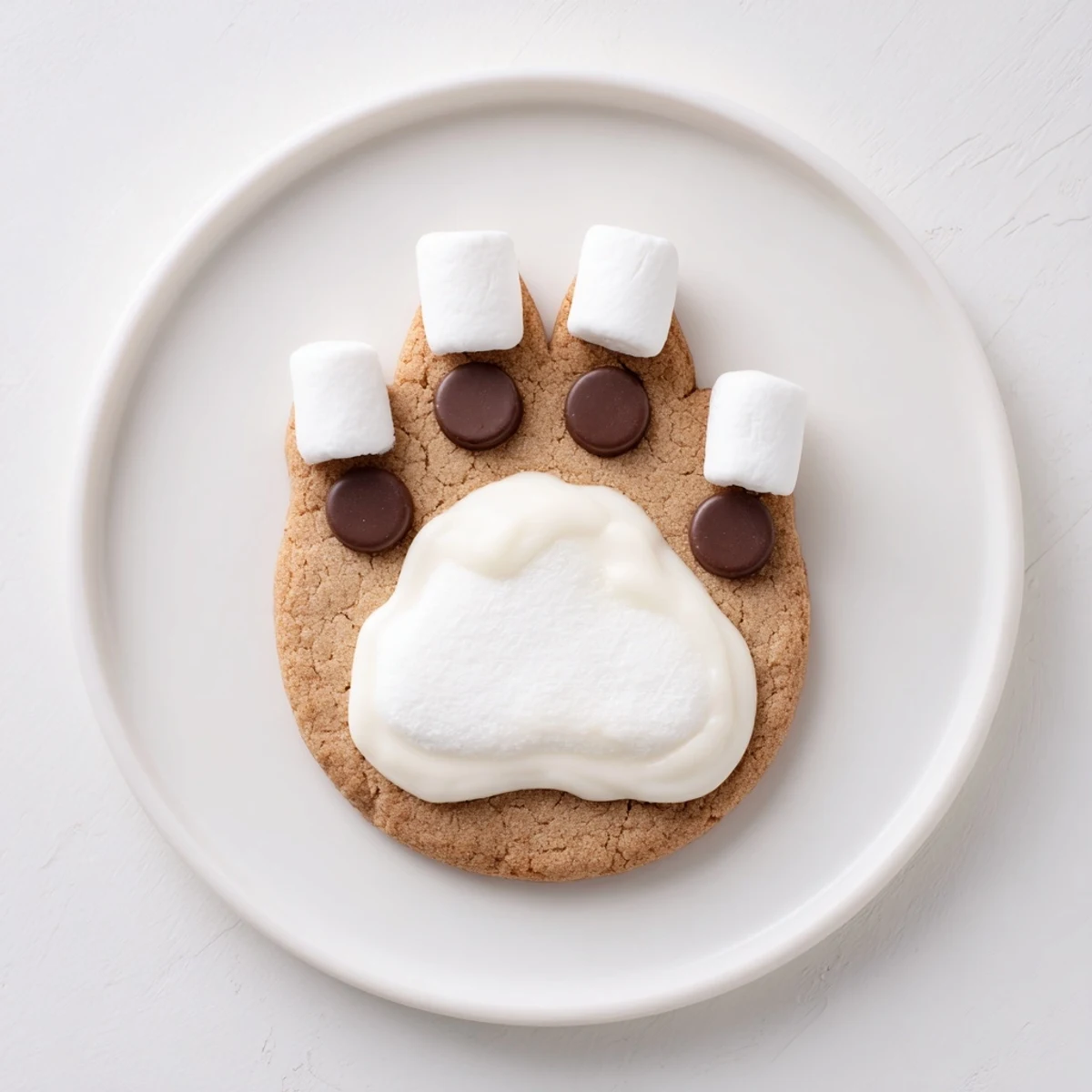 Cute, festive close-up of finished Polar Bear Paw Print Cookies, ready to be enjoyed as a dessert.