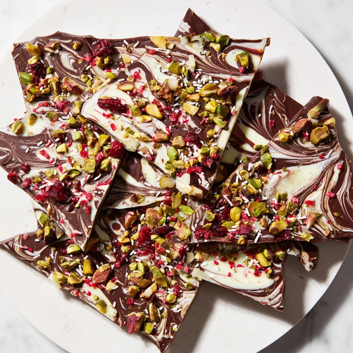 Festive Holiday Bark shards displaying a delightful mix of peppermint, cranberries, and nutty toppings.