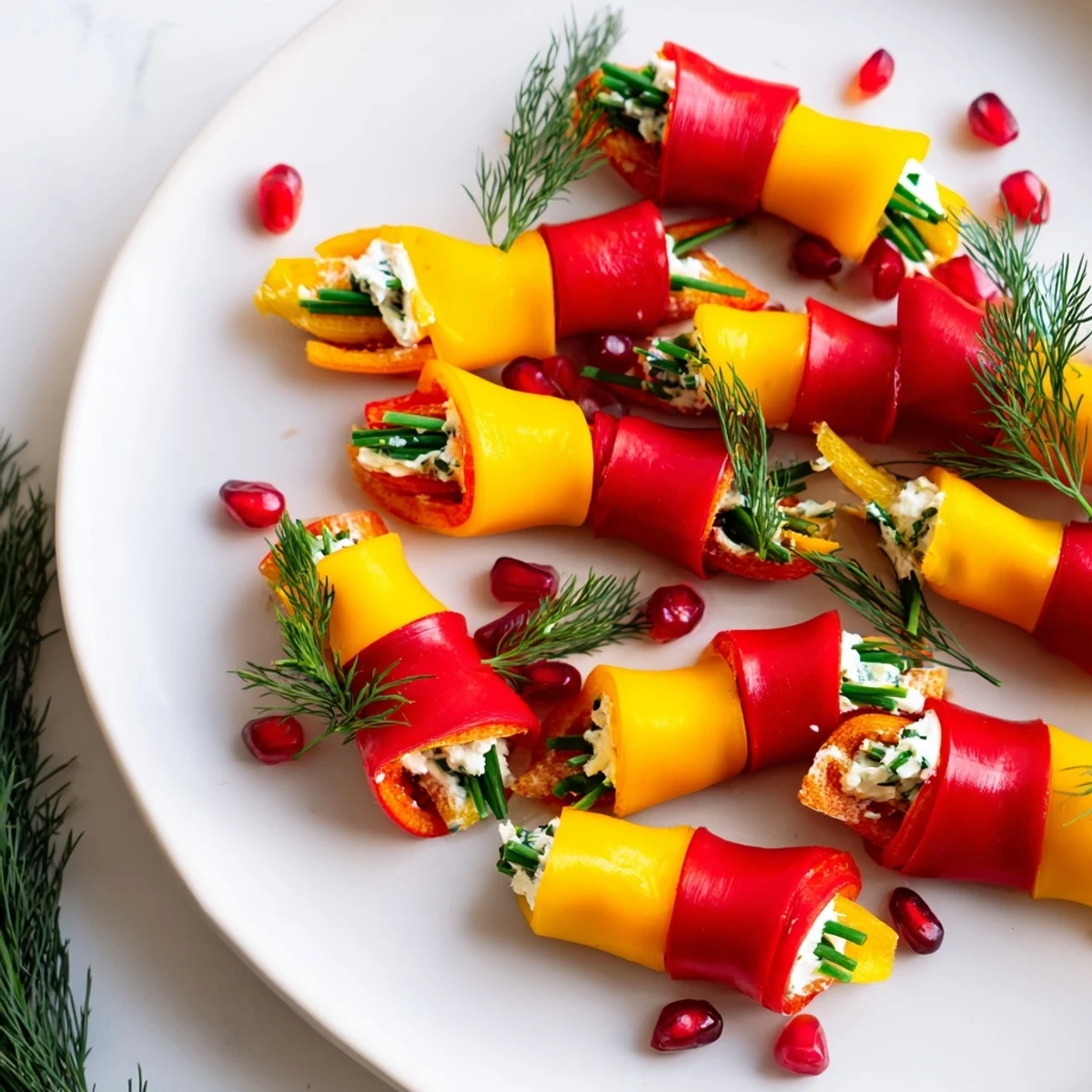 Colorful Bell Pepper Christmas Bows appetizer, filled with creamy cheese, ready for a holiday party.