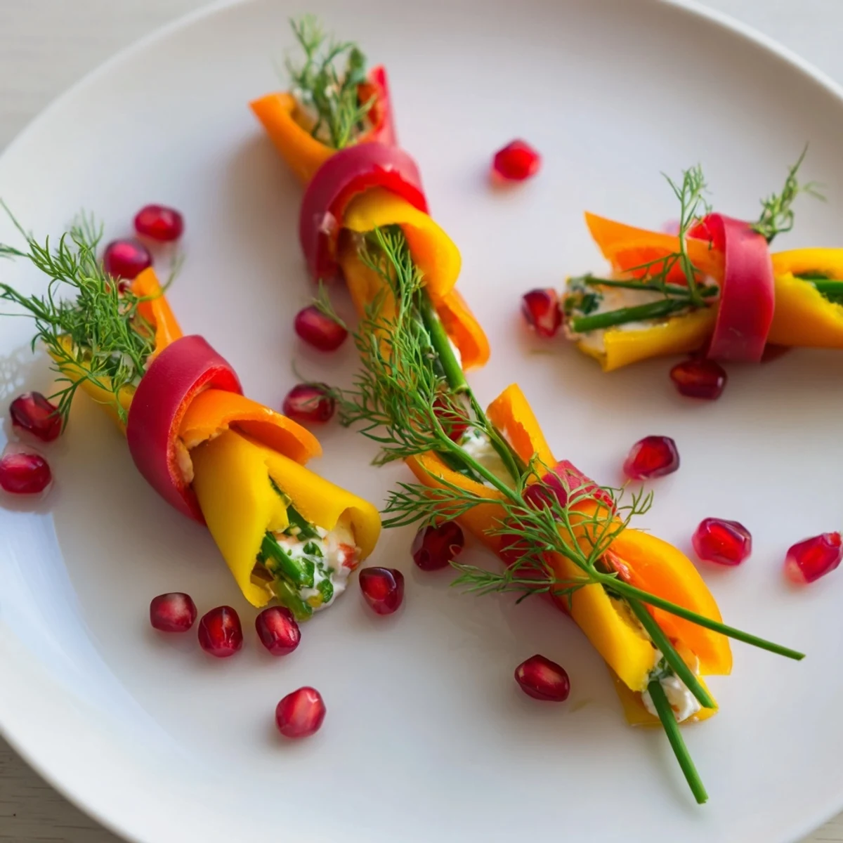 Vivid image of Bell Pepper Christmas Bows: festive red, green and yellow pepper appetizer on a white platter.