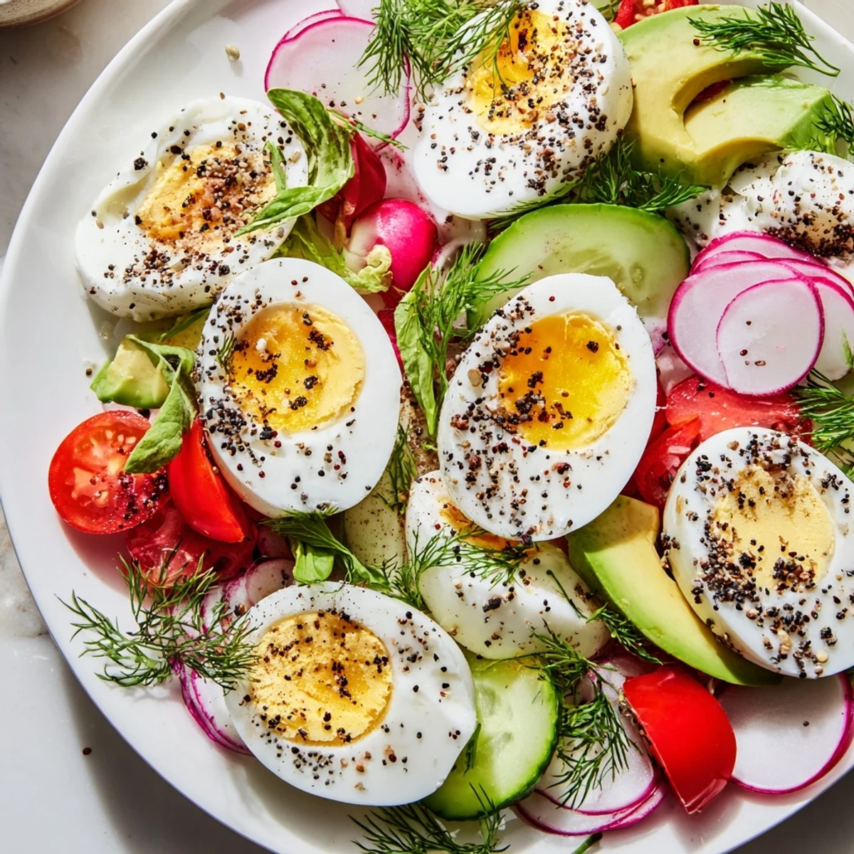 Beautiful brunch board display featuring sliced hard-boiled eggs with everything bagel seasoning alongside fresh veggies.
