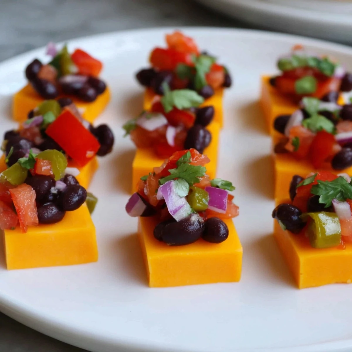 Close-up of fresh Pepper Jack Cubes, beautifully arranged with vibrant black bean salsa for serving.
