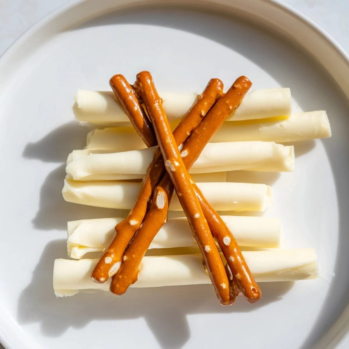 String cheese and pretzel rods snack, an easy snack combining salty pretzels with creamy cheese.