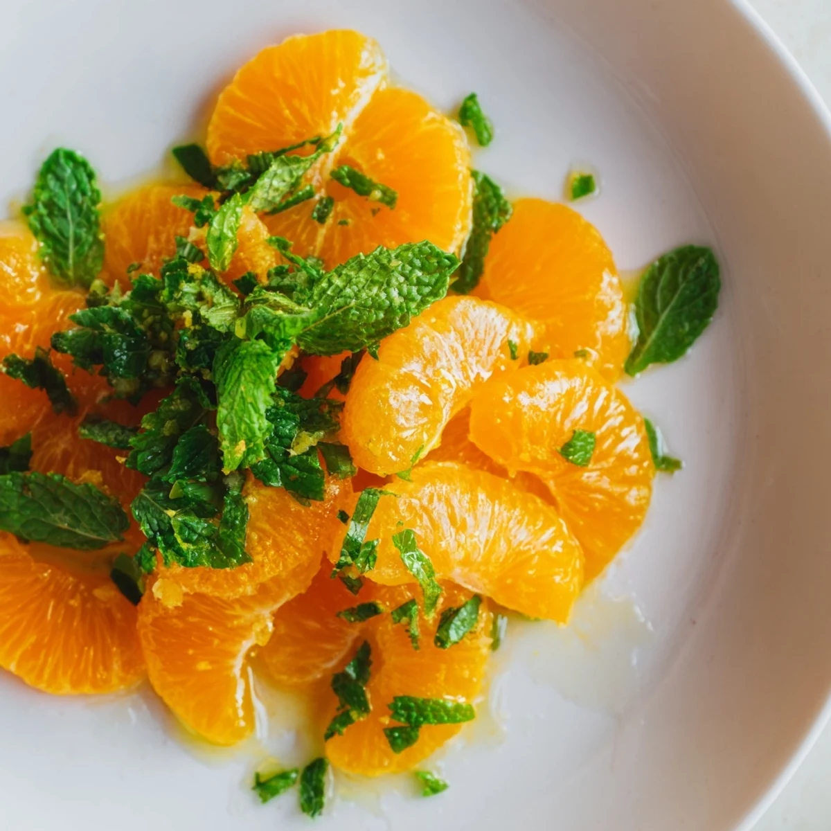 Vibrant clementine and mint winter fruit salad, a sweet and tangy light dessert, ready to serve.