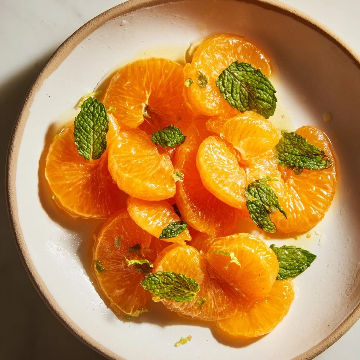 Bright orange clementine segments mingle with green mint in this fresh winter fruit salad.