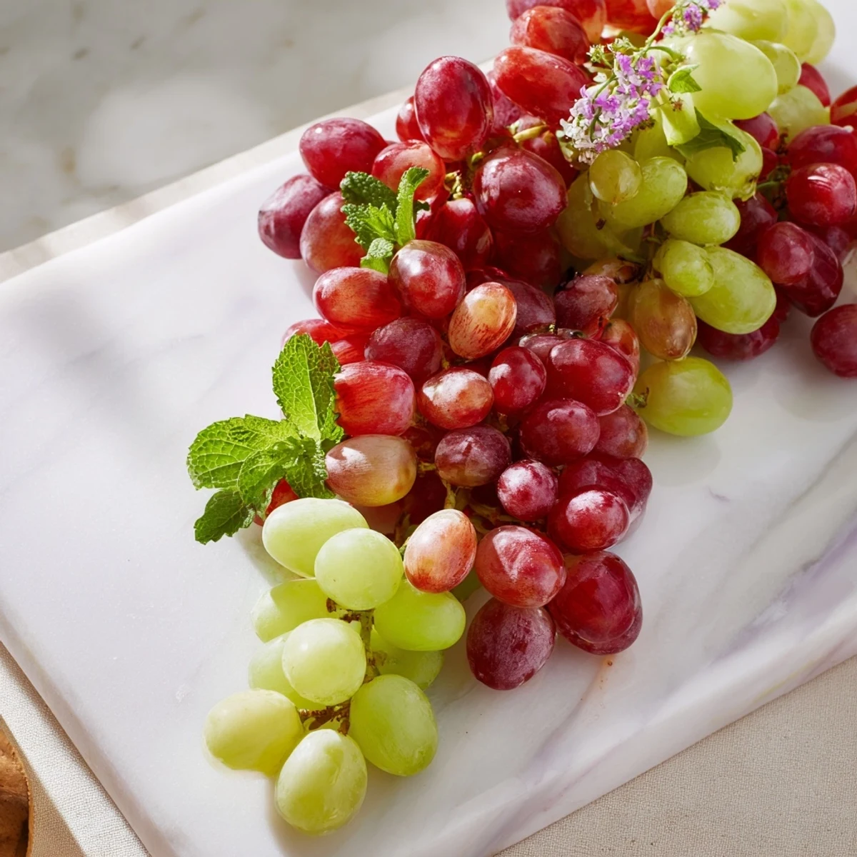 Juicy red and green grapes cascade over the board's edge, a vibrant appetizer presentation.