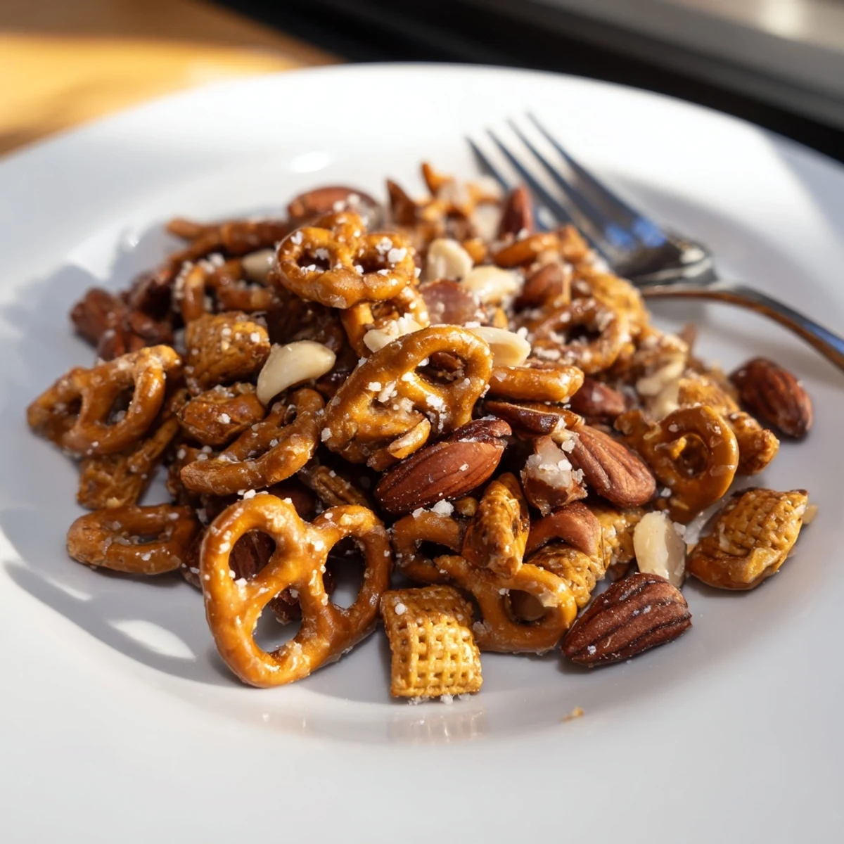 Golden, glistening salted caramel pretzels and nuts snack mix, perfect for festive gatherings.