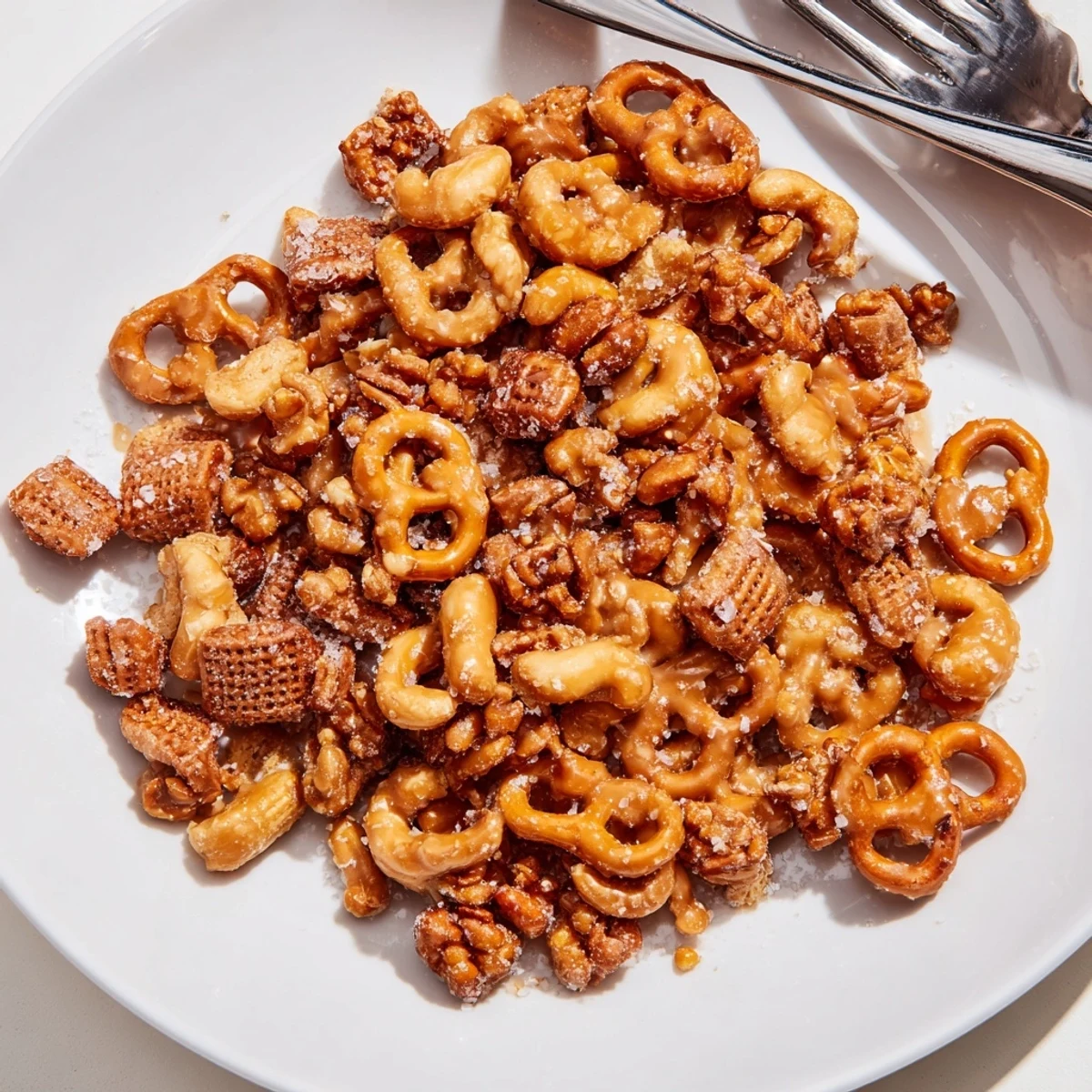 Close-up of a delectable bite featuring salty, crunchy salted caramel pretzels and mixed nuts.