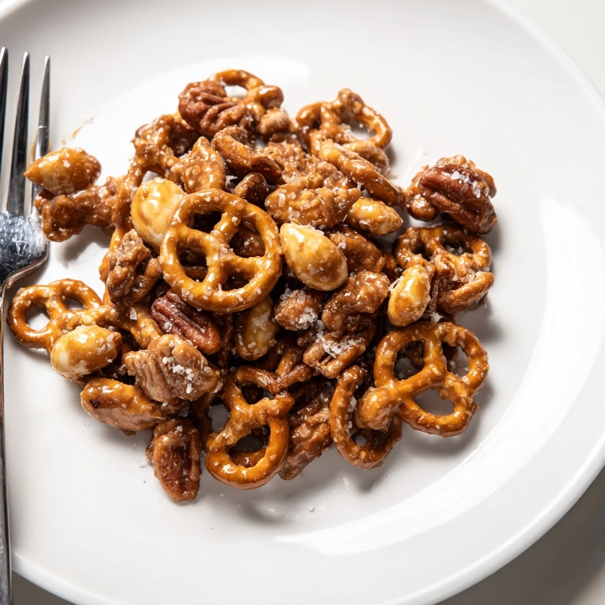 Homemade salted caramel pretzels and nuts: a sweet and salty treat, baked golden brown with ease.