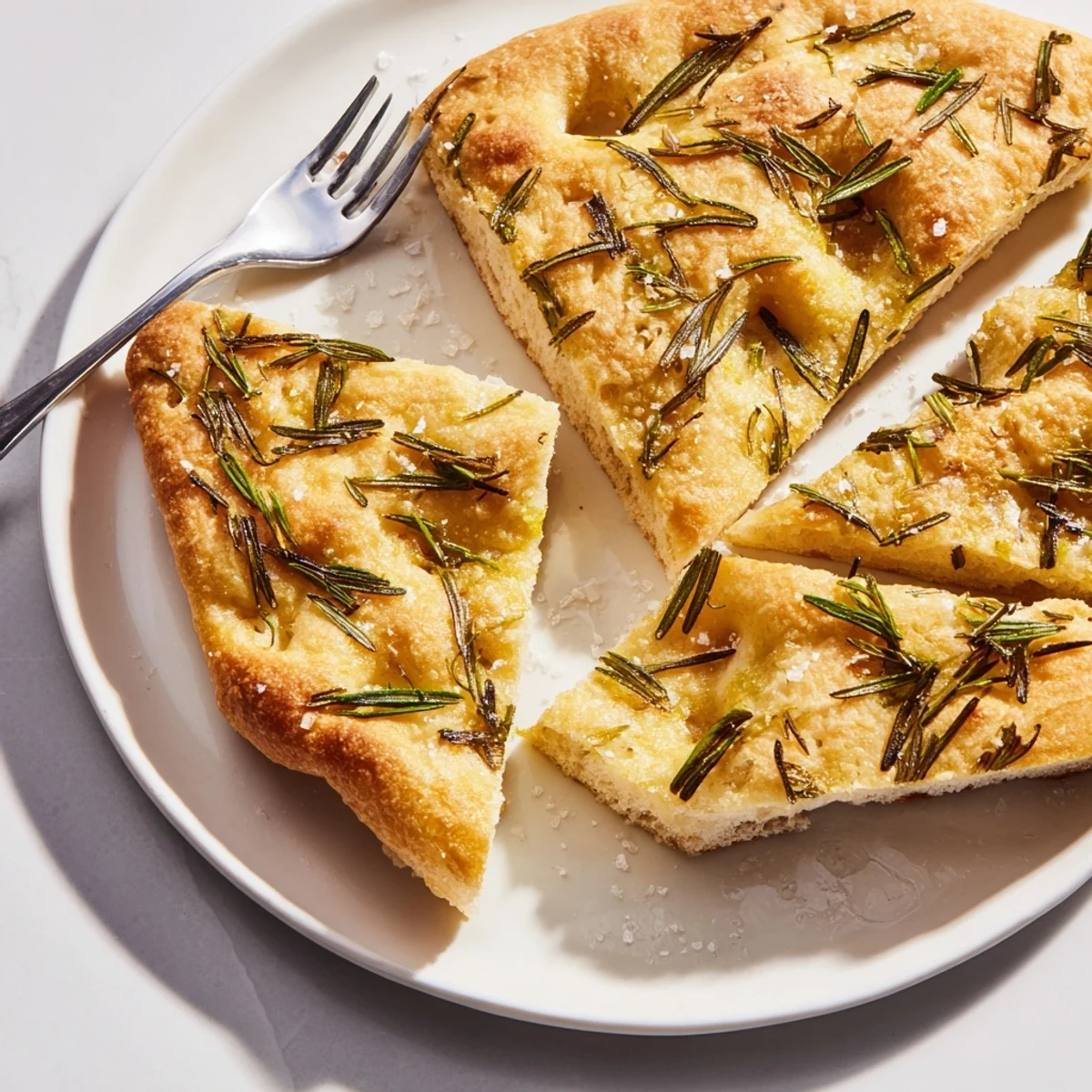 Golden, crusty Holiday Bread focaccia, garnished with rosemary and flaky sea salt, ready to slice.