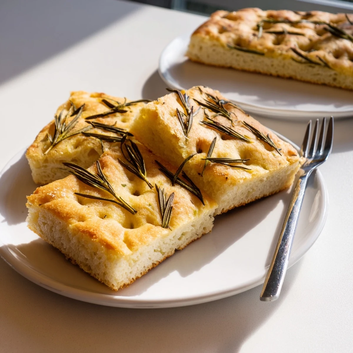 Freshly baked Holiday Bread focaccia, with dimpled surface, aromatic herbs, and pool of olive oil.