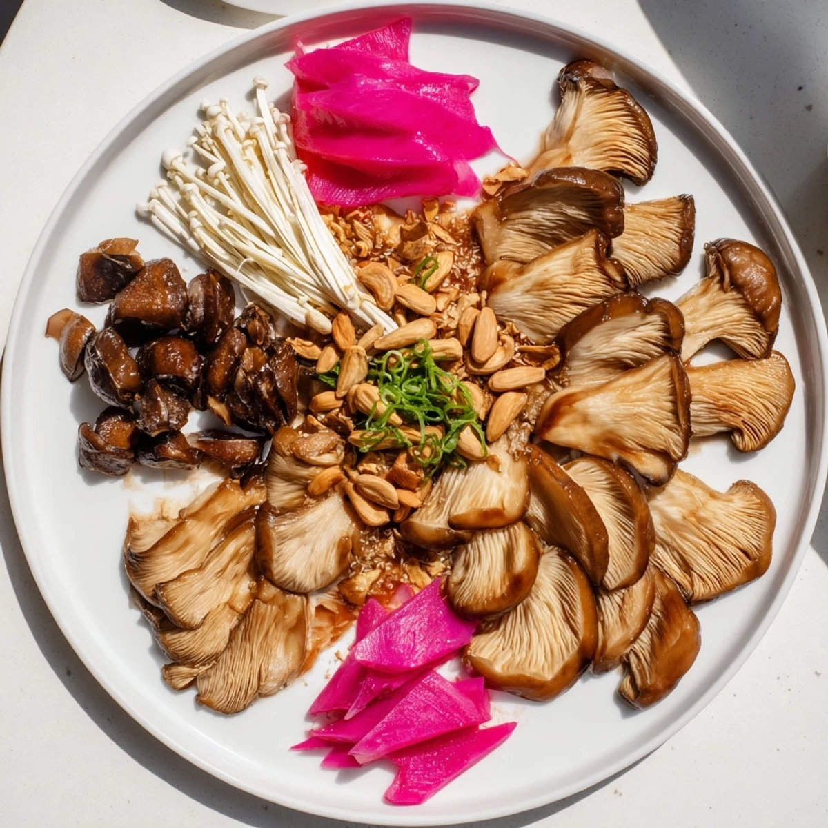 Exquisite Umami Bomb Asian Delight appetizer board featuring layers of savory mushrooms with vibrant garnishes.