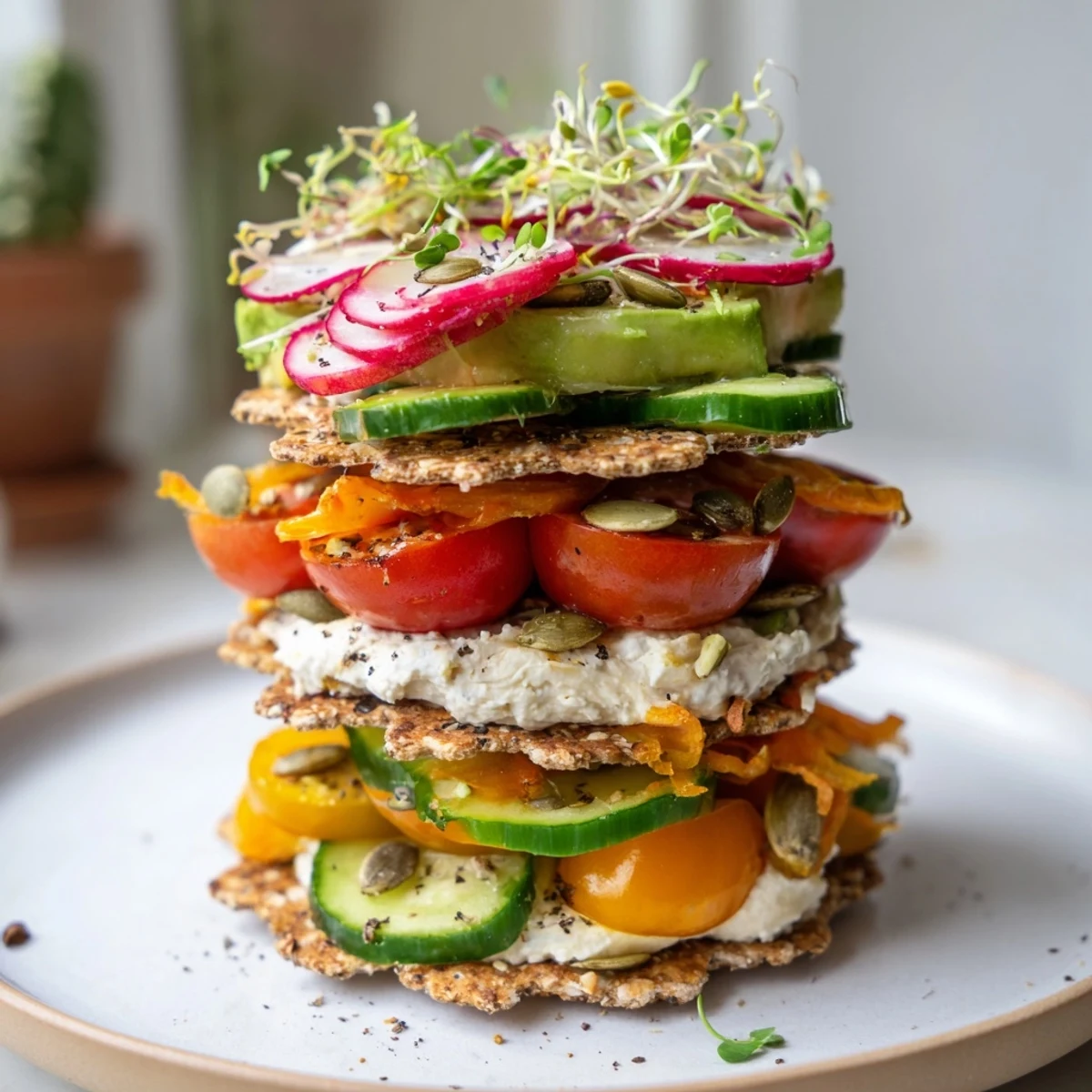 Gluten-Free Gourmet Tower with colorful layers of fresh veggies and creamy avocado on crackers.