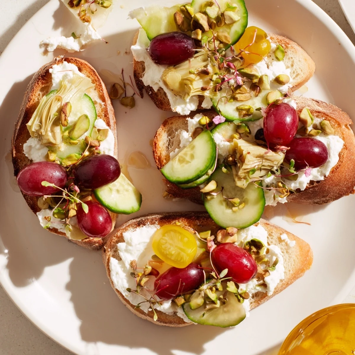 Freshly assembled Zero-Proof Celebration Spread, with juicy grapes glistening next to baguette slices and cheese.