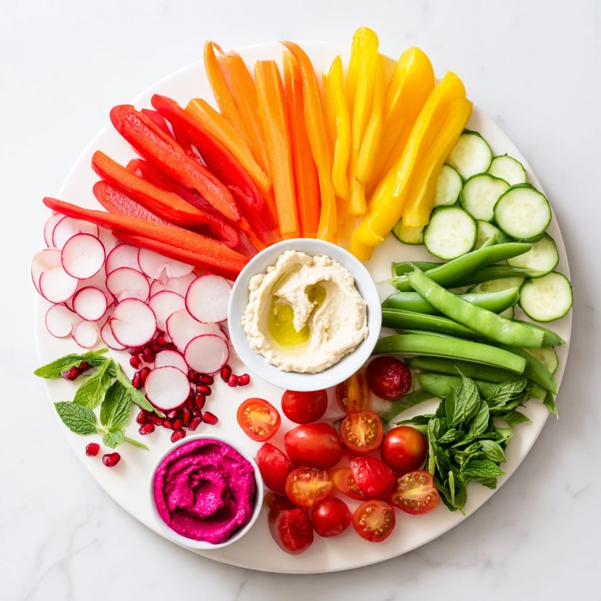 Vegan Global Gardener Platter with colorful vegetables, fruits, and dips, ready to enjoy at your next gathering.