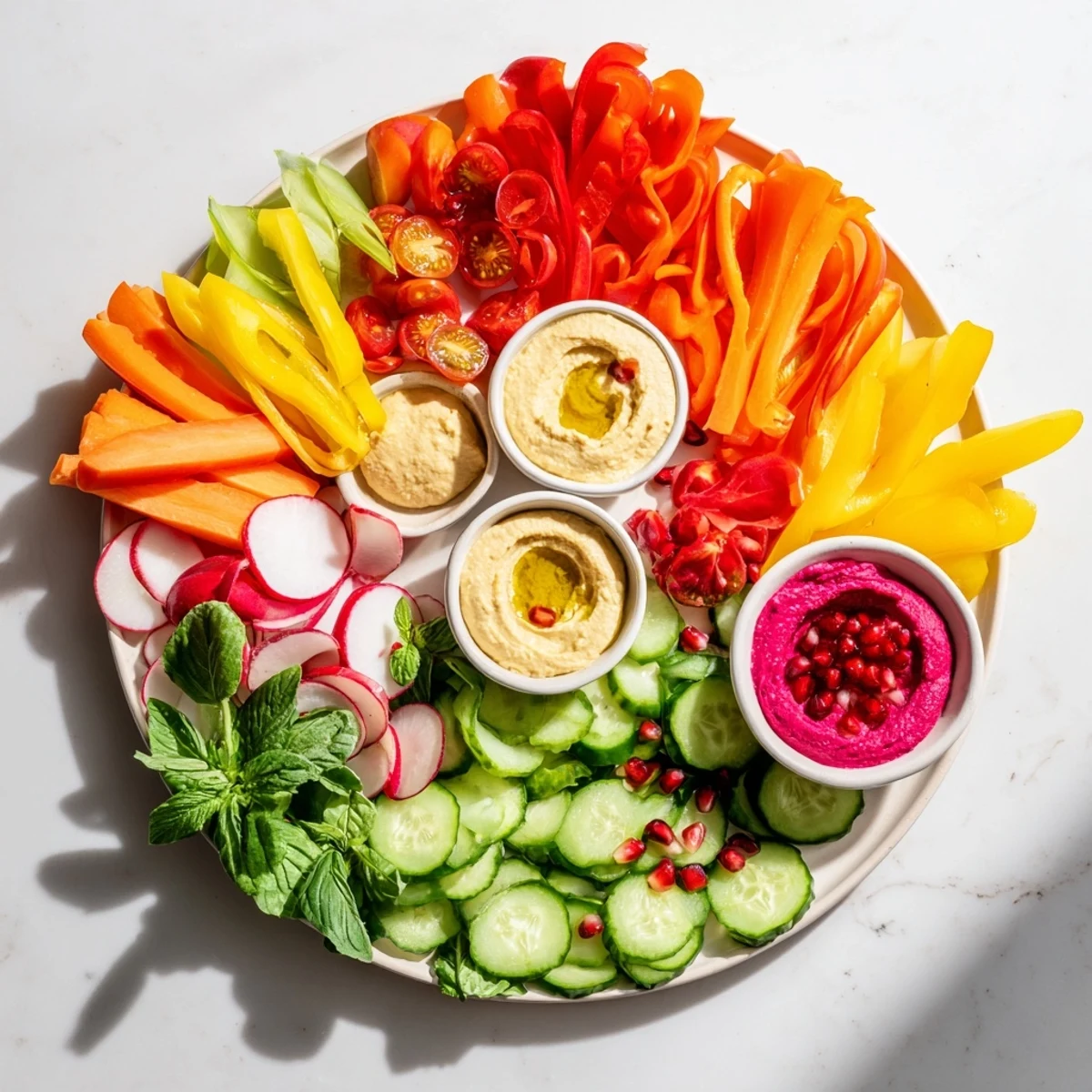 A fresh Vegan Global Gardener Platter showcasing vibrant vegetables and fruits, perfect for snacking anytime.