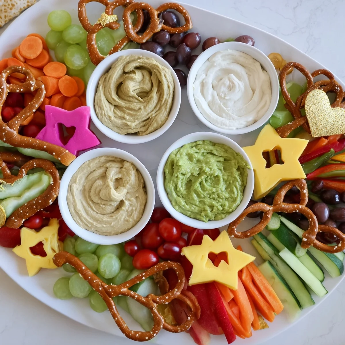 The Kids Snack Adventure Map showcasing colorful, fun pretzel paths leading to delicious dips and cheese shapes.