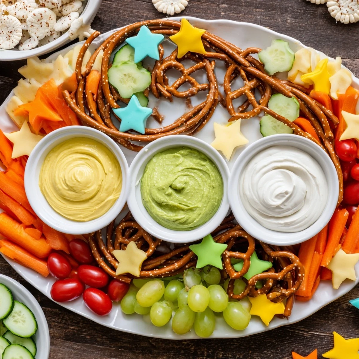 Bright and cheerful Kids Snack Adventure Map, a kid-friendly platter with winding pretzel snack trails.