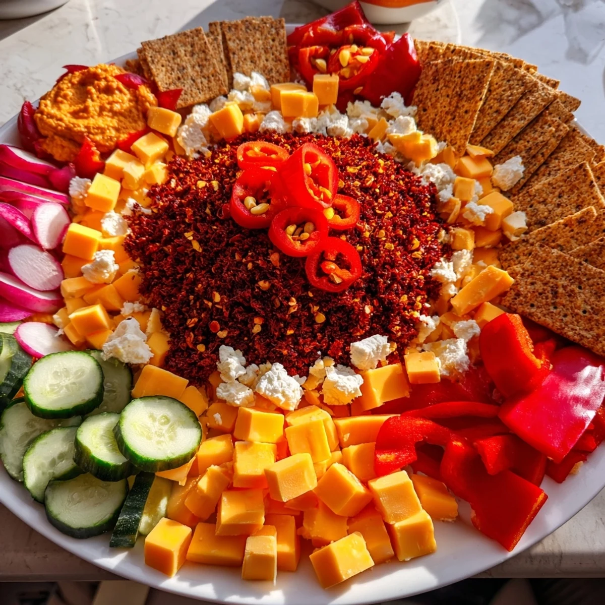 Vibrant Spicy Hot Take Platter, a fiery appetizer with chili peppers, cheeses, and colorful vegetables, ready to serve.