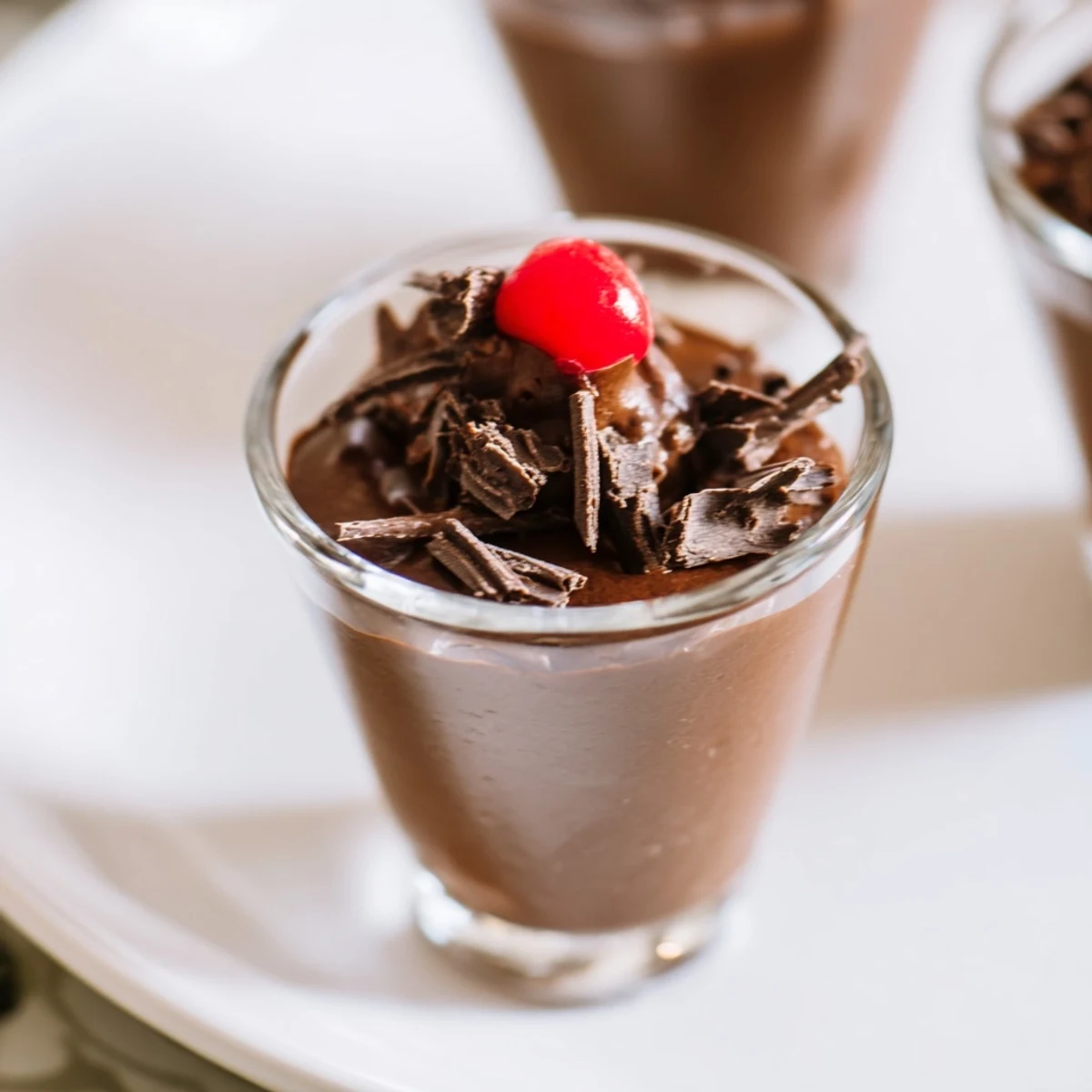 Silky, dark chocolate mousse dessert cups beautifully garnished with fresh berries offer a rich treat.