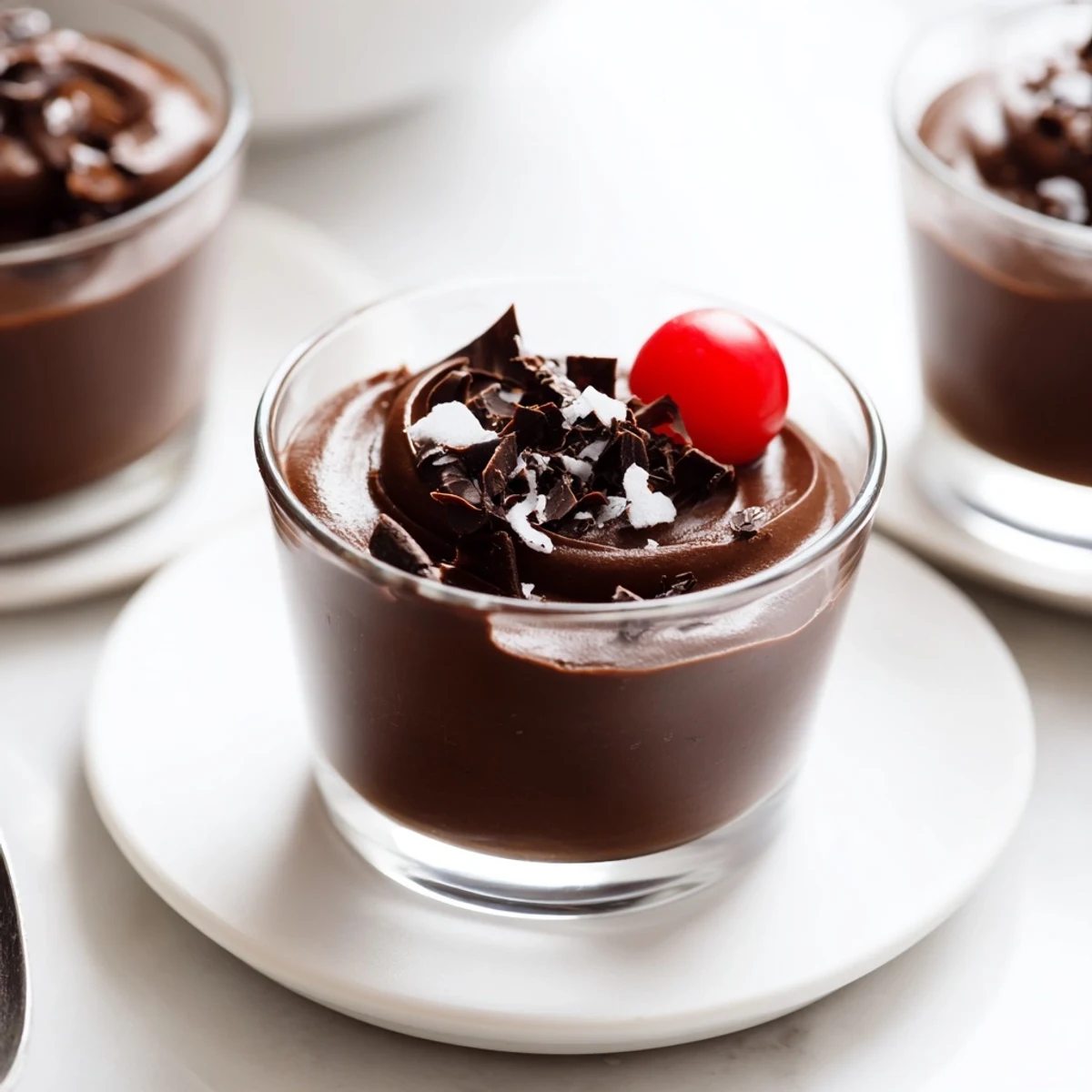 Delicate chocolate mousse dessert cups, chilled perfectly, garnished with chocolate shavings—an exquisite dessert idea.