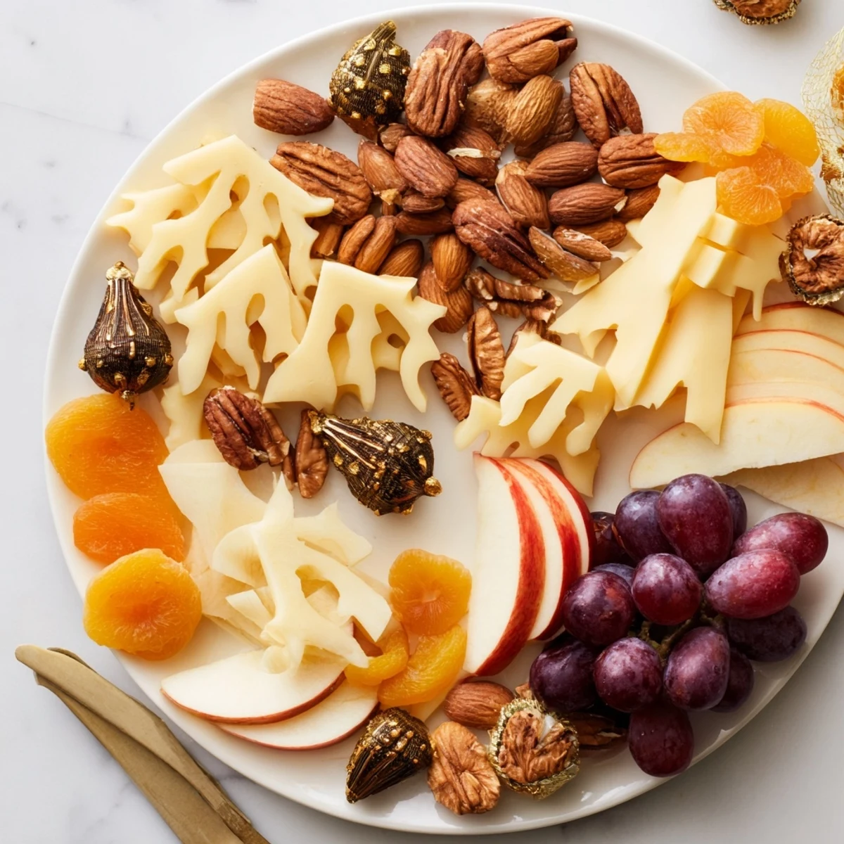 This enticing Gilded Acorn charcuterie board features acorn-shaped cheese and shimmering golden almonds for elegance.