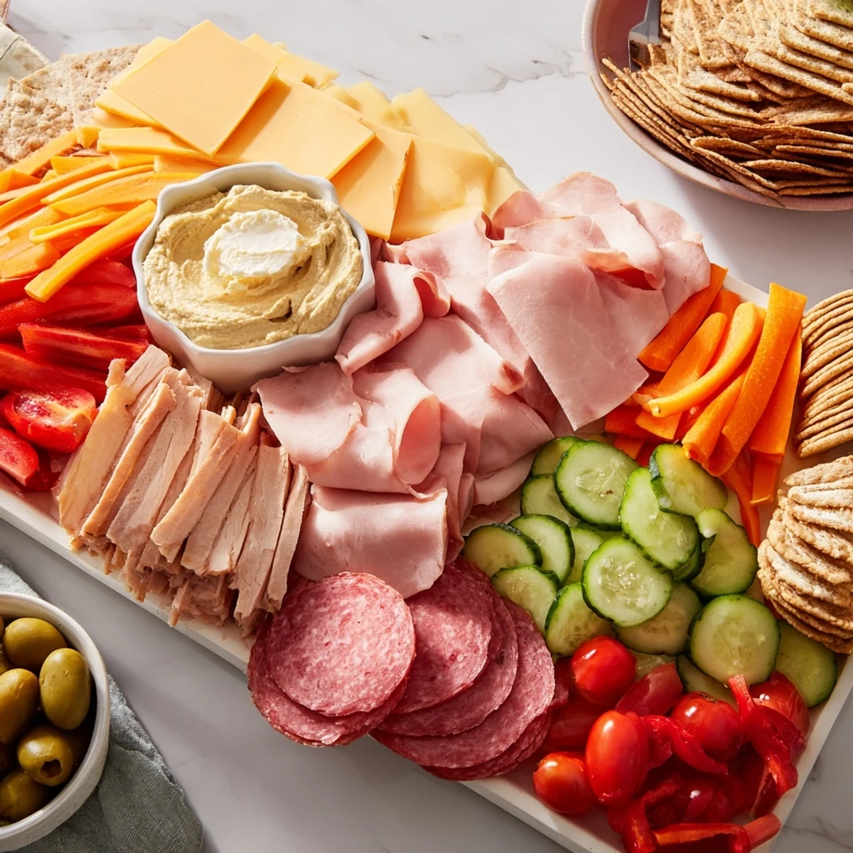 A colorful budget-friendly family spread with sliced meats, cheeses, and inviting vegetables is ready to share.
