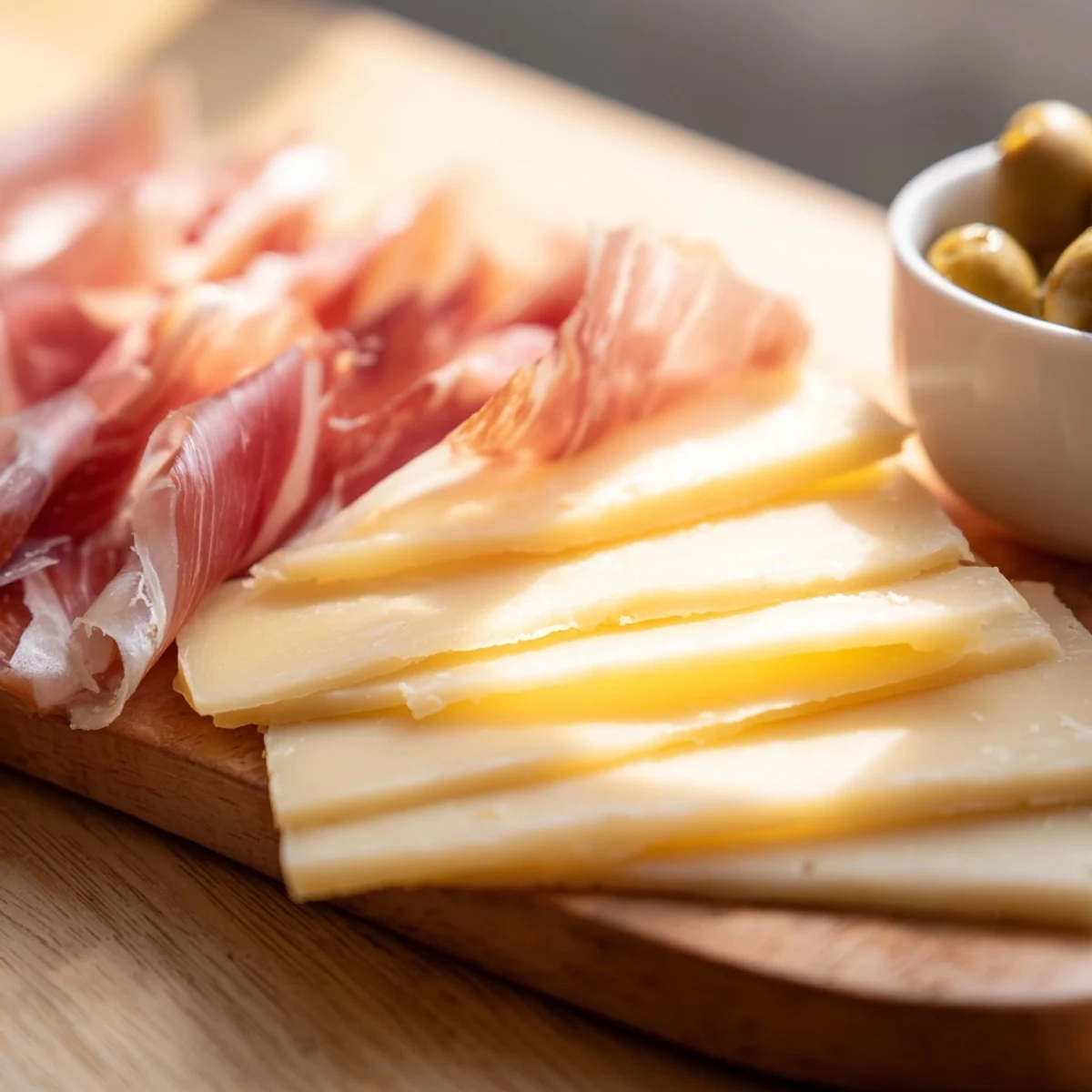 Elegant Minimalism Master cheese board: showcasing Comté, Jamón Ibérico, and bright green olives beside each other.