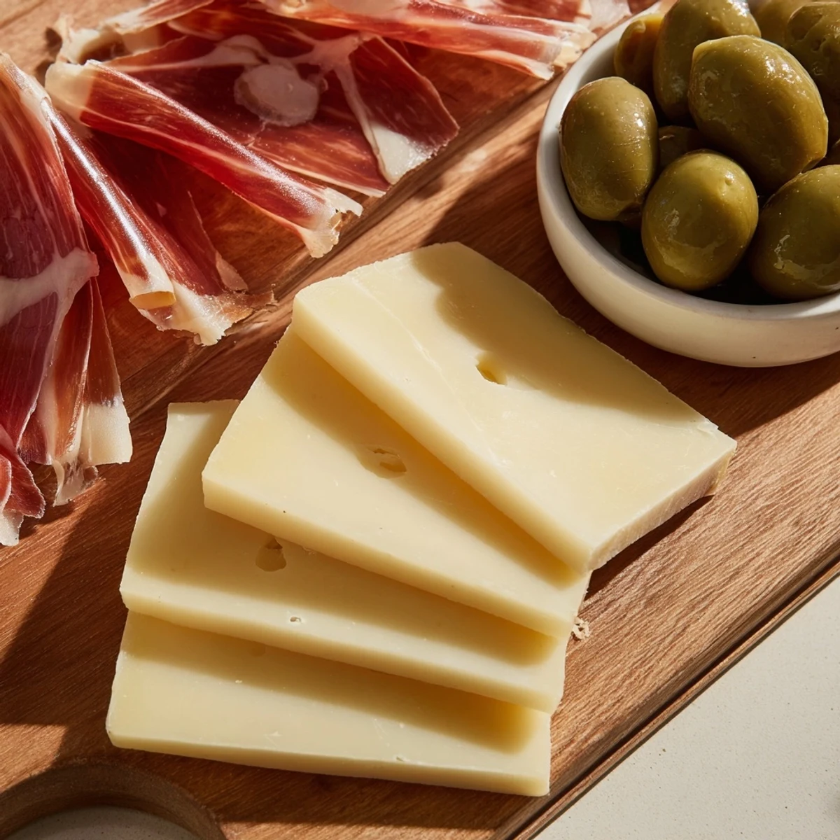 A beautifully arranged Minimalism Master cheese board: the rich meats, creamy cheese, and briny olives.