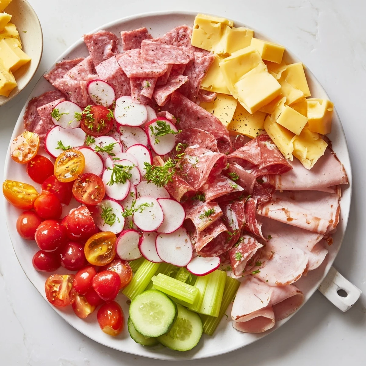 A colorful Keto Power Plate filled with meats, cheeses, and fresh crisp vegetables—perfect!