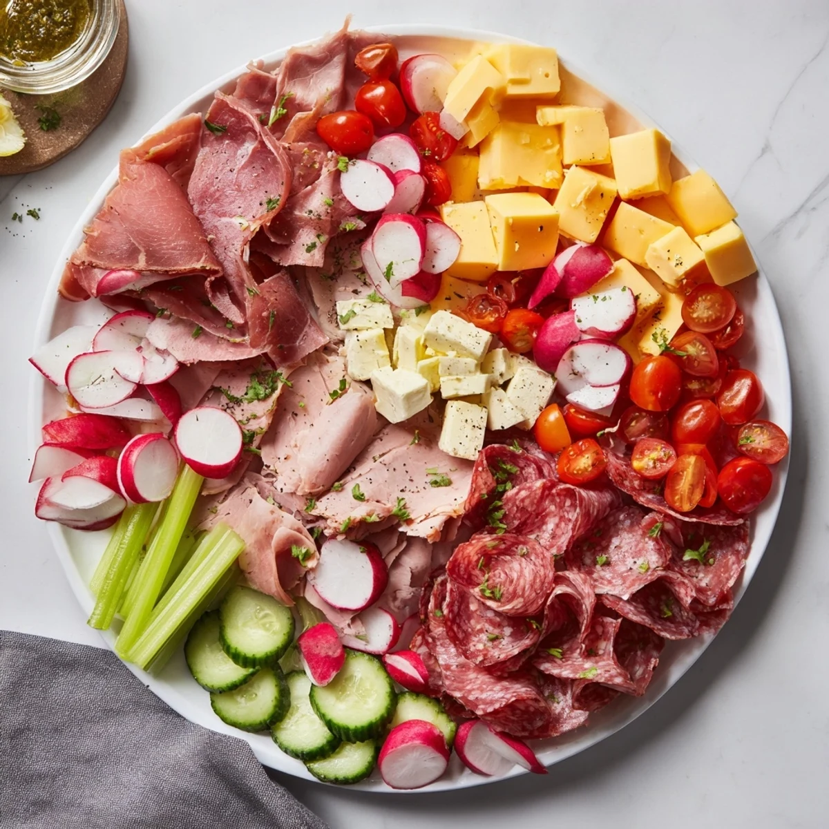 Vibrant Keto Power Plate arrangement: sliced meats, cheeses, and crunchy veggies, ready to enjoy.
