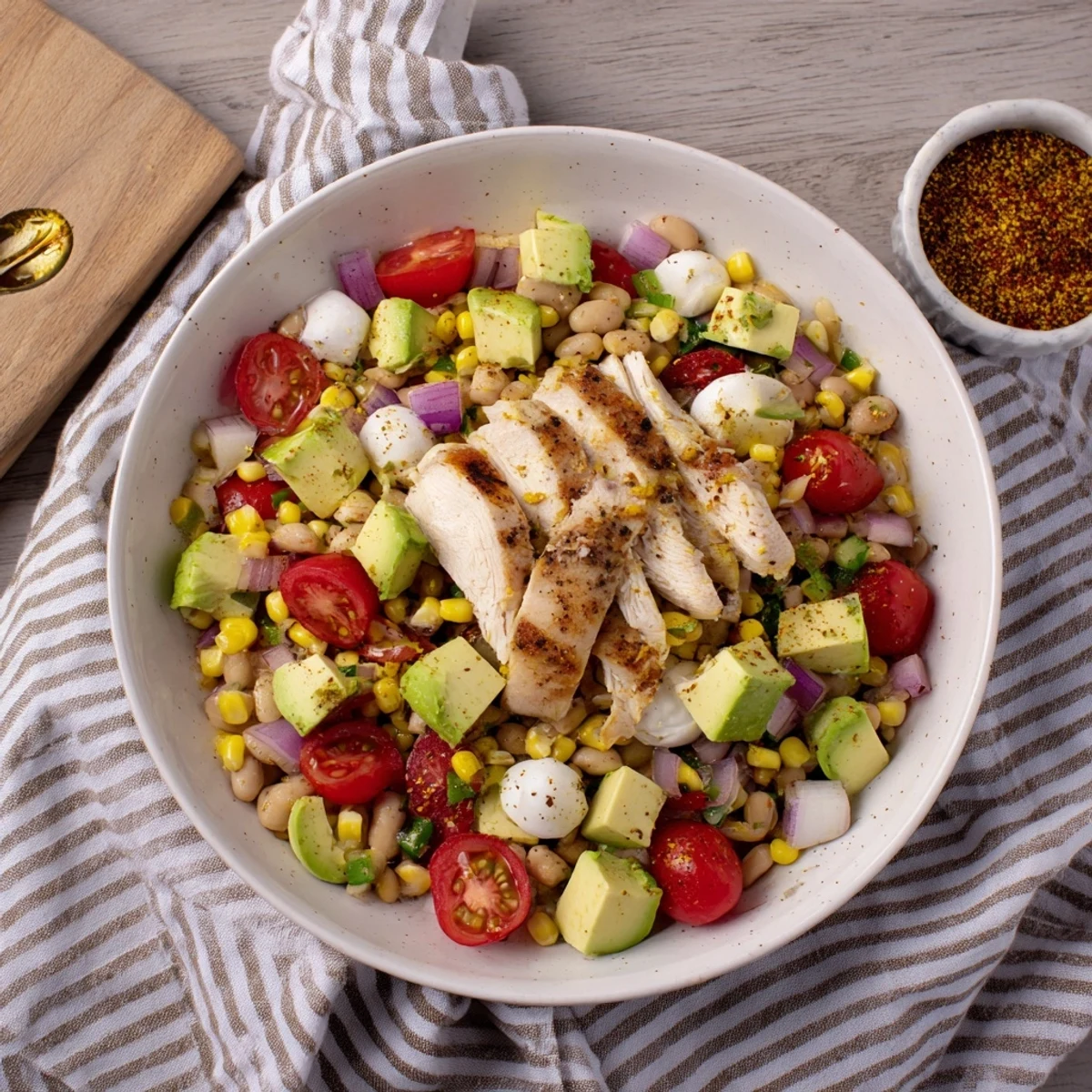 Close-up of a refreshing and hearty bowl of Dense Southwestern Bean Salad, ready to enjoy.