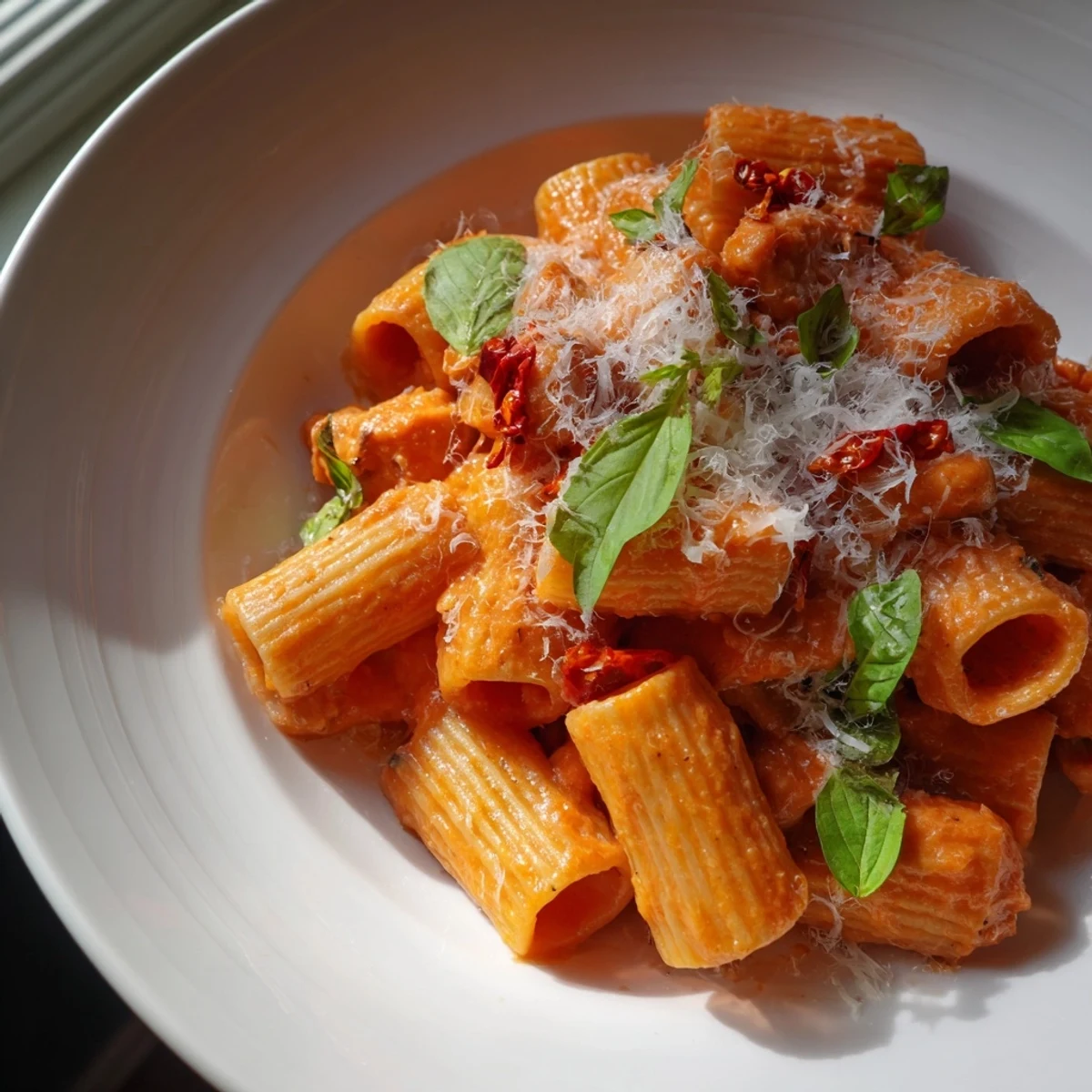 Creamy Spicy Vodka Chicken Pasta, topped with fresh basil and extra Parmesan cheese, ready to serve.