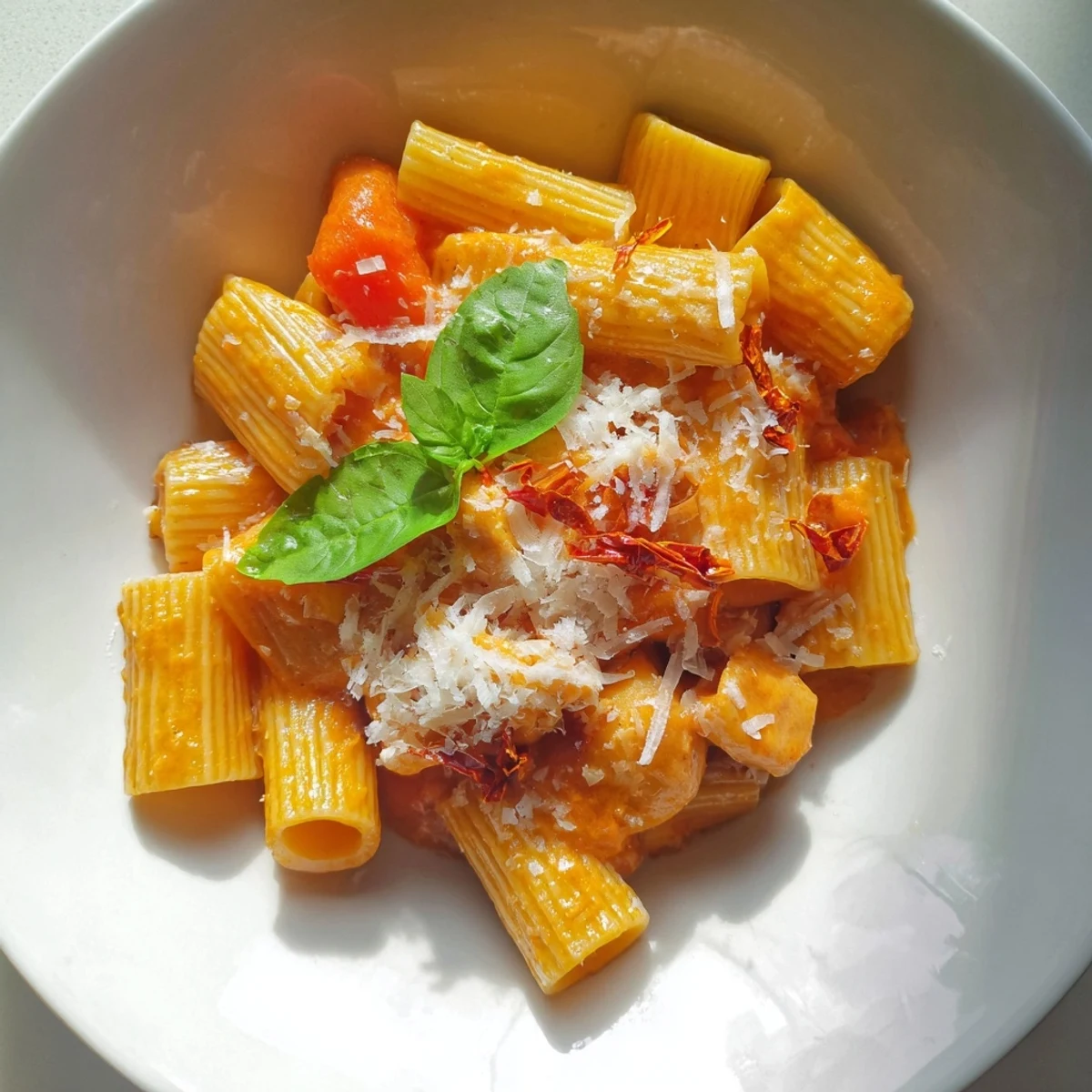 Golden chicken pieces nestled in a rich Spicy Vodka Chicken Pasta sauce, offering smoky, chili-infused flavor.