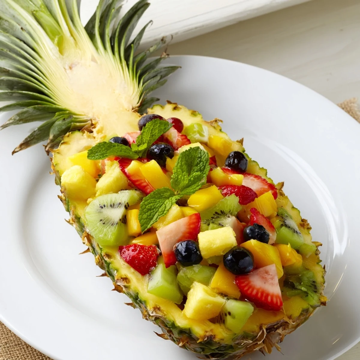 Hollowed-out pineapple half filled with a sweet Tropical Pineapple Fruit Boat salad; see the vibrant colors.