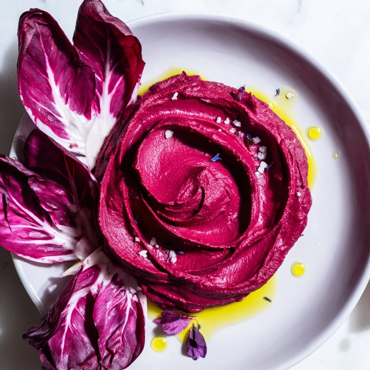 Vibrant The Velvet Rose appetizer features beet hummus swirled into rose shapes, served with crisp radicchio.